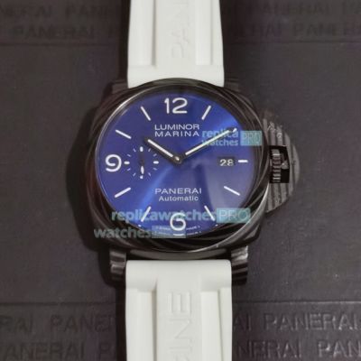 Replica Panerai Luminor Marina Blue Face Carbon Case White Rubber Strap Watch 44mm 